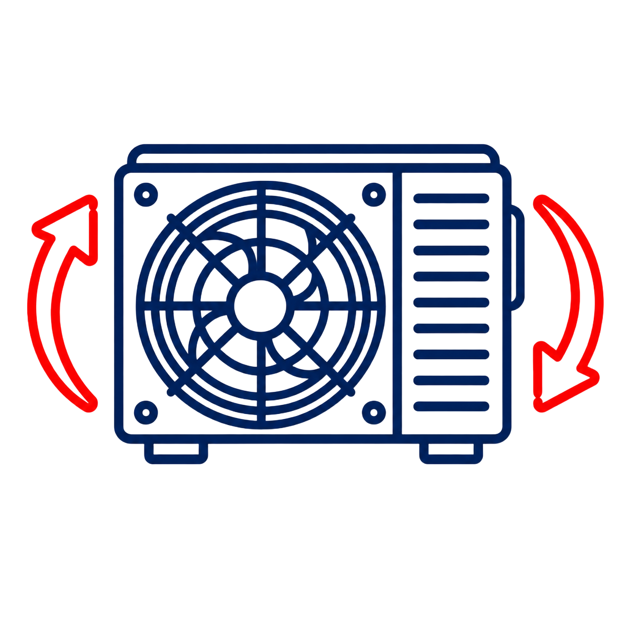 Blue HVAC outdoor unit with fan and red arrows indicating airflow rotation