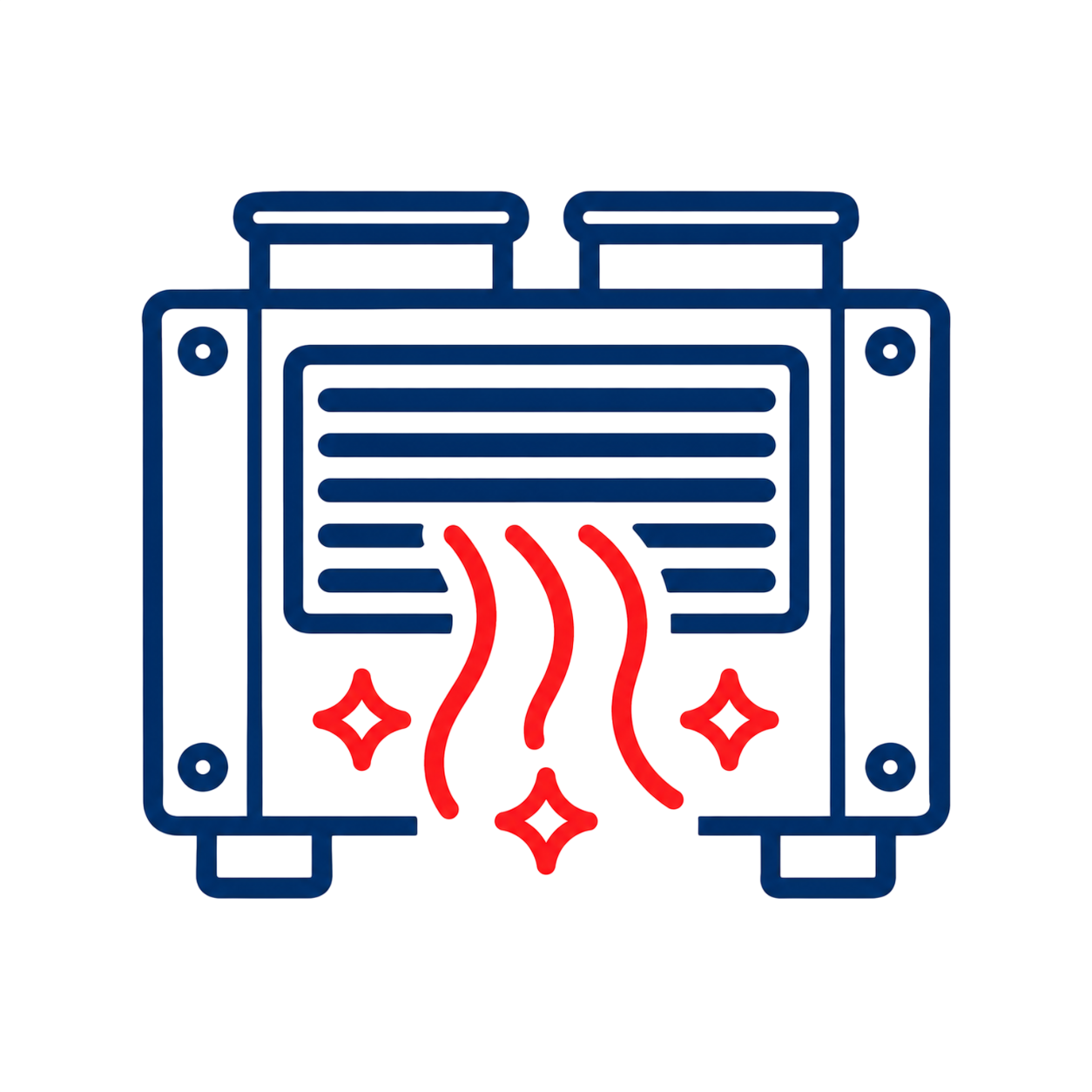 Blue line icon of a heater with red heat waves and sparkles