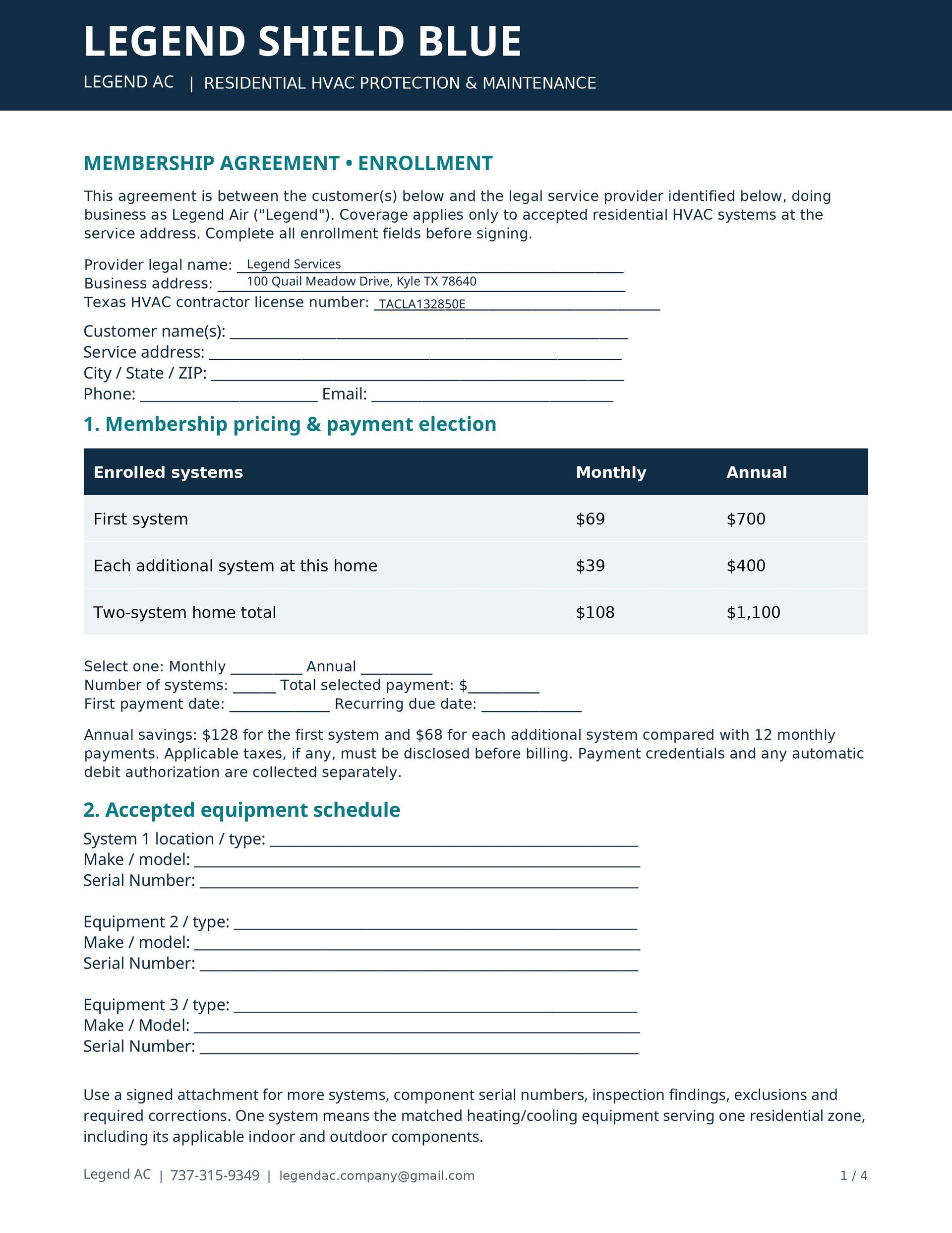 Legends Shield Blue form with policy details, membership pricing table, and payment sections