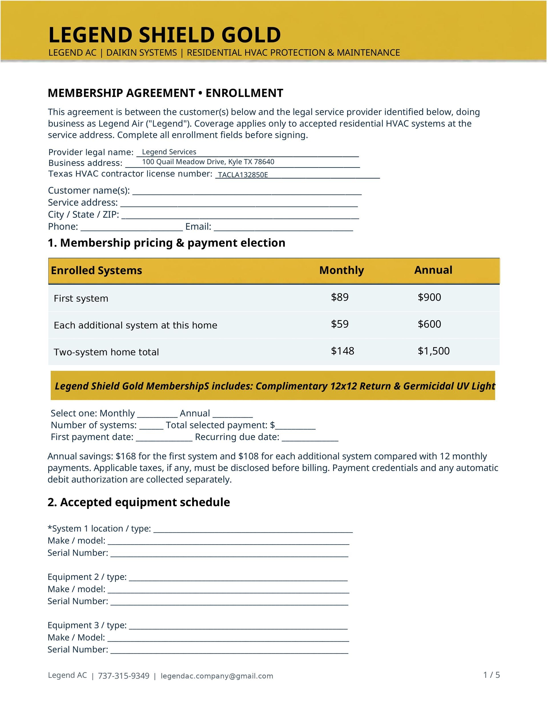Gold header form for “Legend Shield Gold” with fields, table, and application sections on a white page.