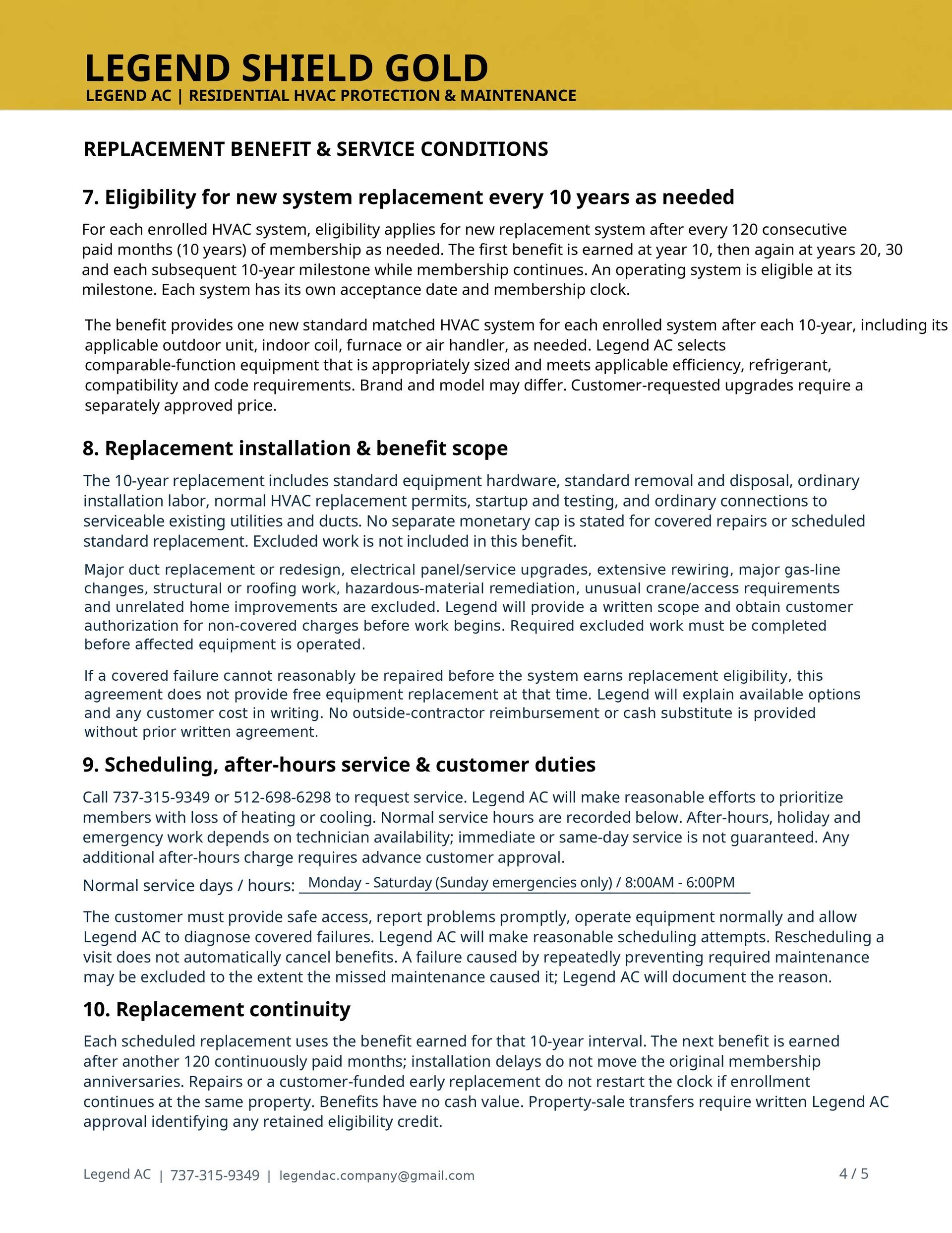 Gold-topped document page titled “Legend Shield Gold” with dense black text and section headings