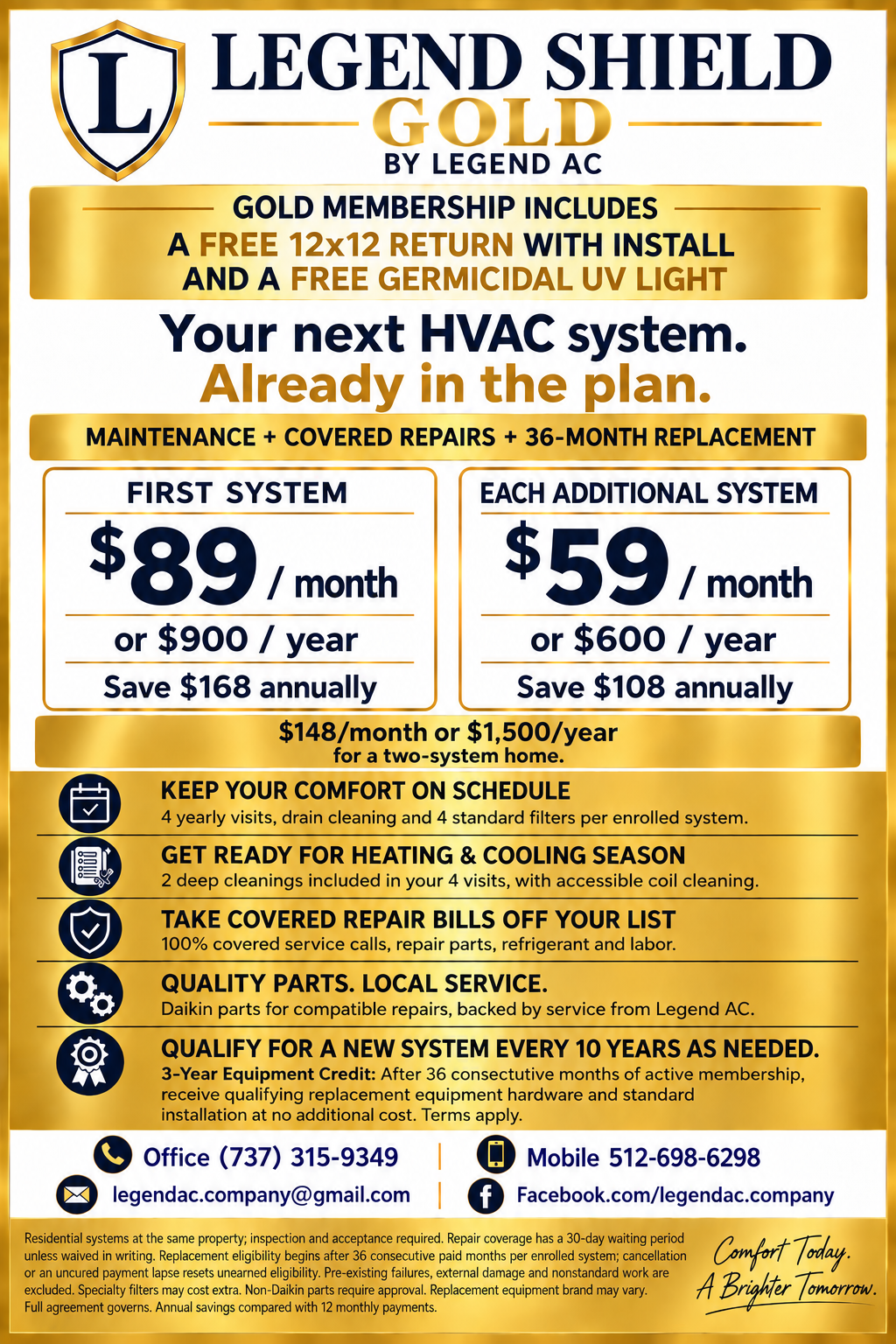 Gold Shield HVAC ad with pricing, maintenance offers, and contact details on a gold background