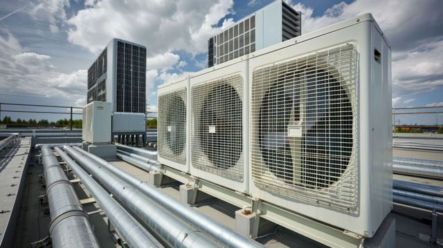 Outdoor HVAC units on a rooftop with large metal pipes and city buildings in the background