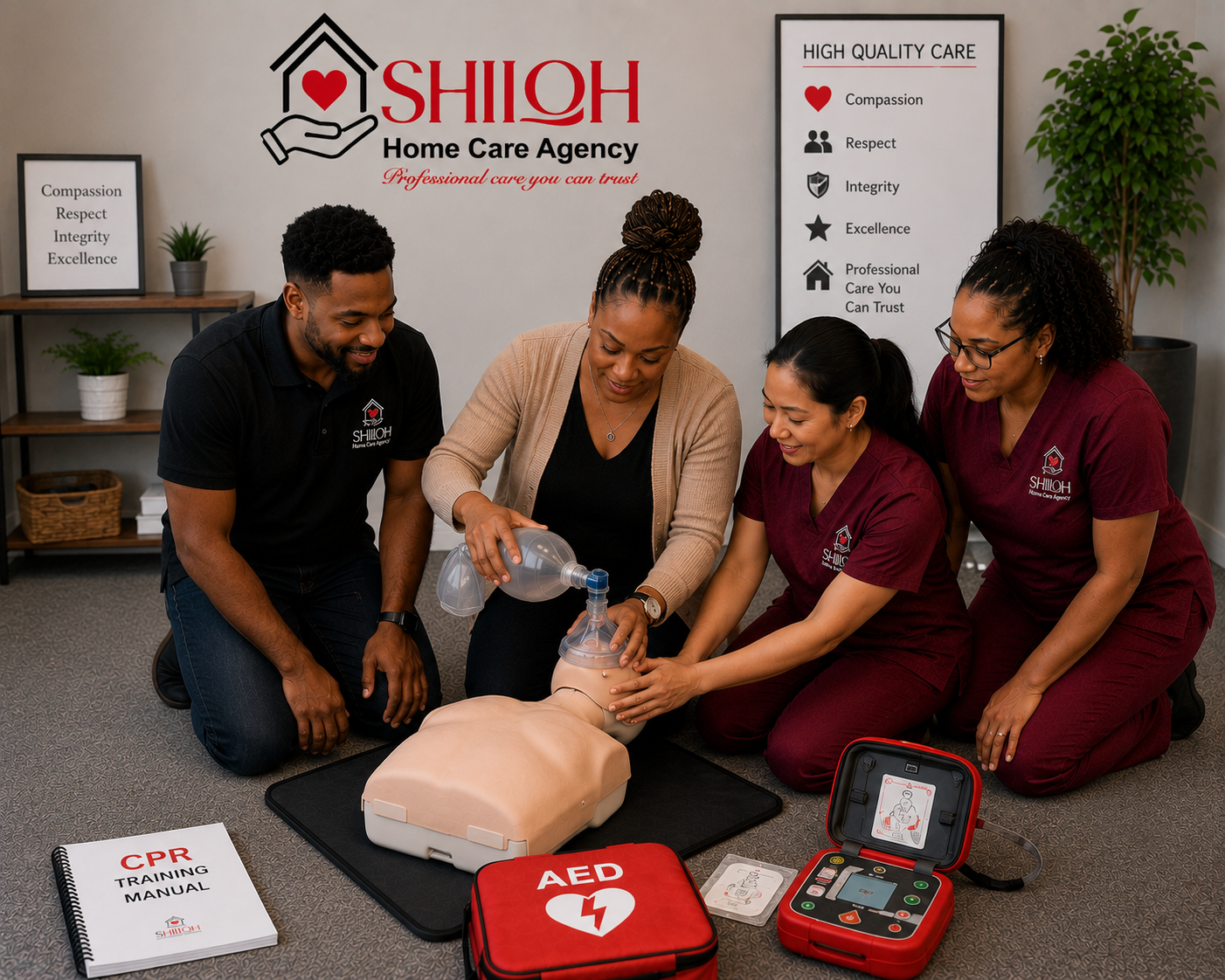 People practicing CPR on a training mannequin with AED equipment in a home care agency office