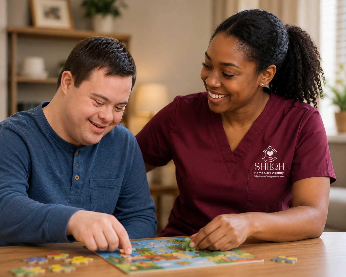 Two people smiling while assembling a colorful board game at a table