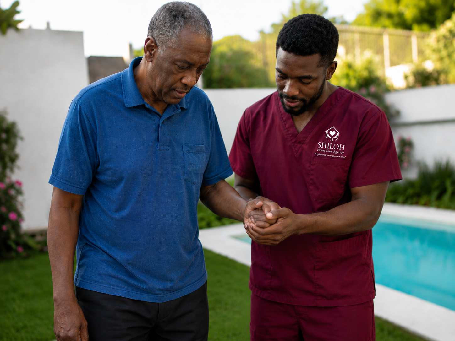 Two people holding hands beside a pool, one supporting the other as they walk.