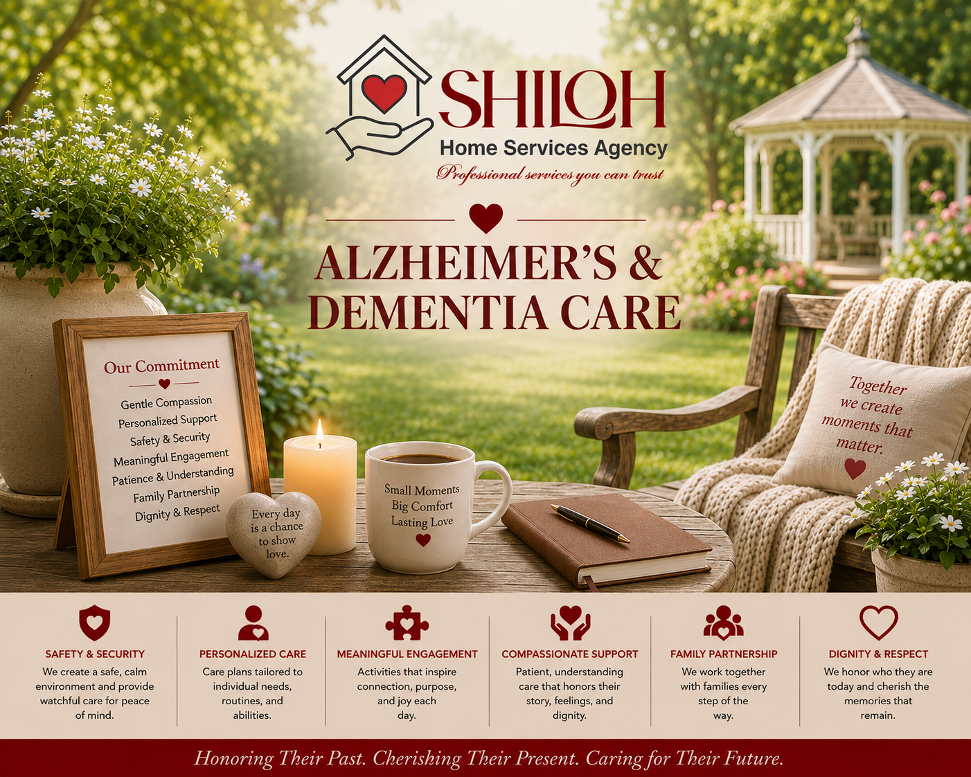 Shiloh Home Services Agency Alzheimer’s and dementia care ad in a garden with candles and a cozy chair