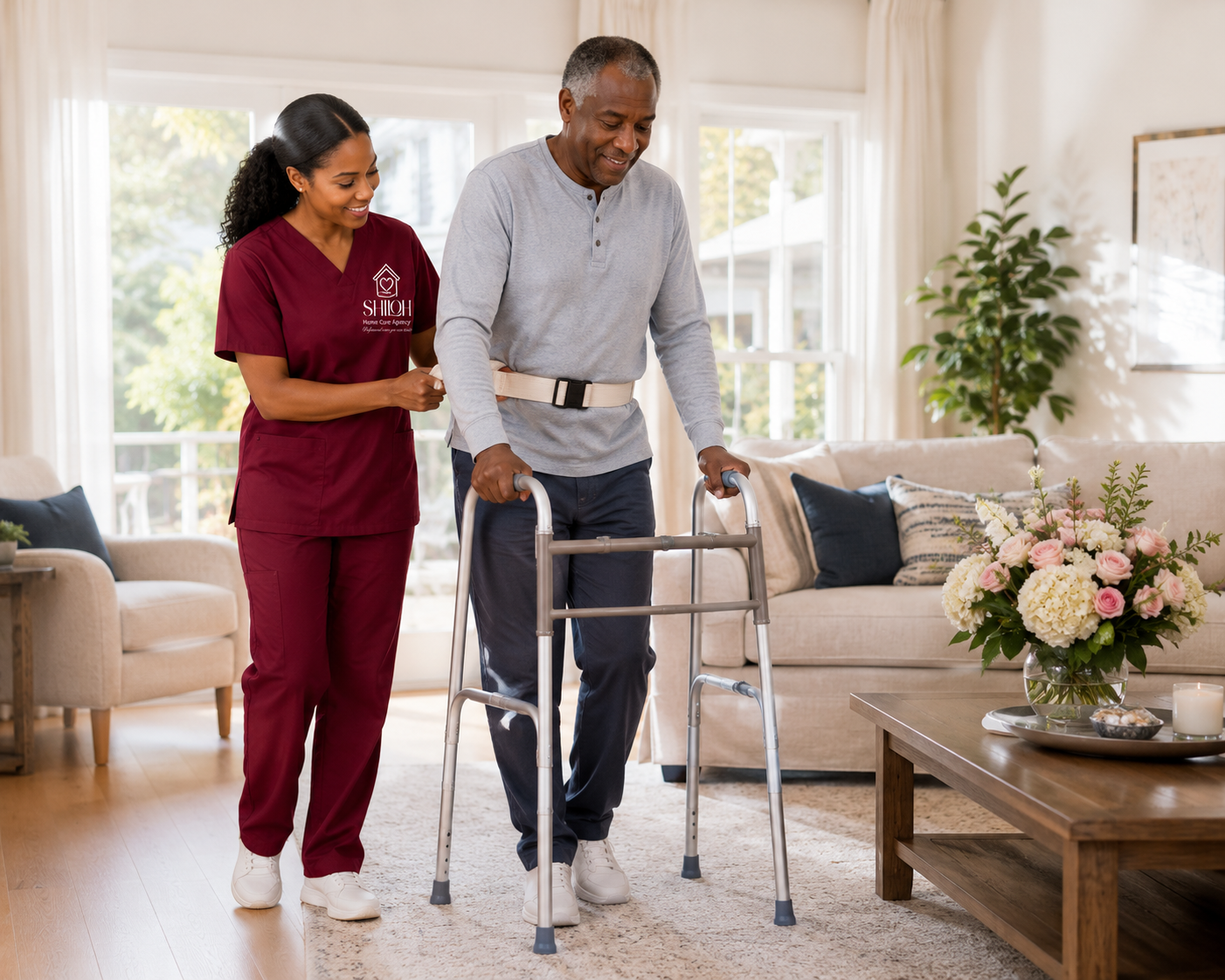 Caregiver assists a man using a walker in a bright living room with a sofa and flowers.