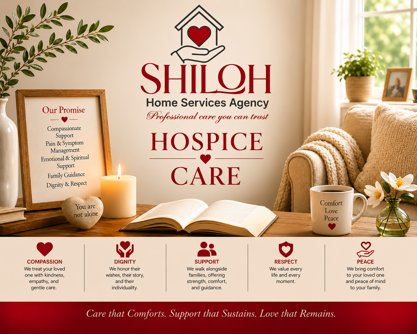 Shiloh Home Services Agency hospice care poster with warm living room decor and heart logo
