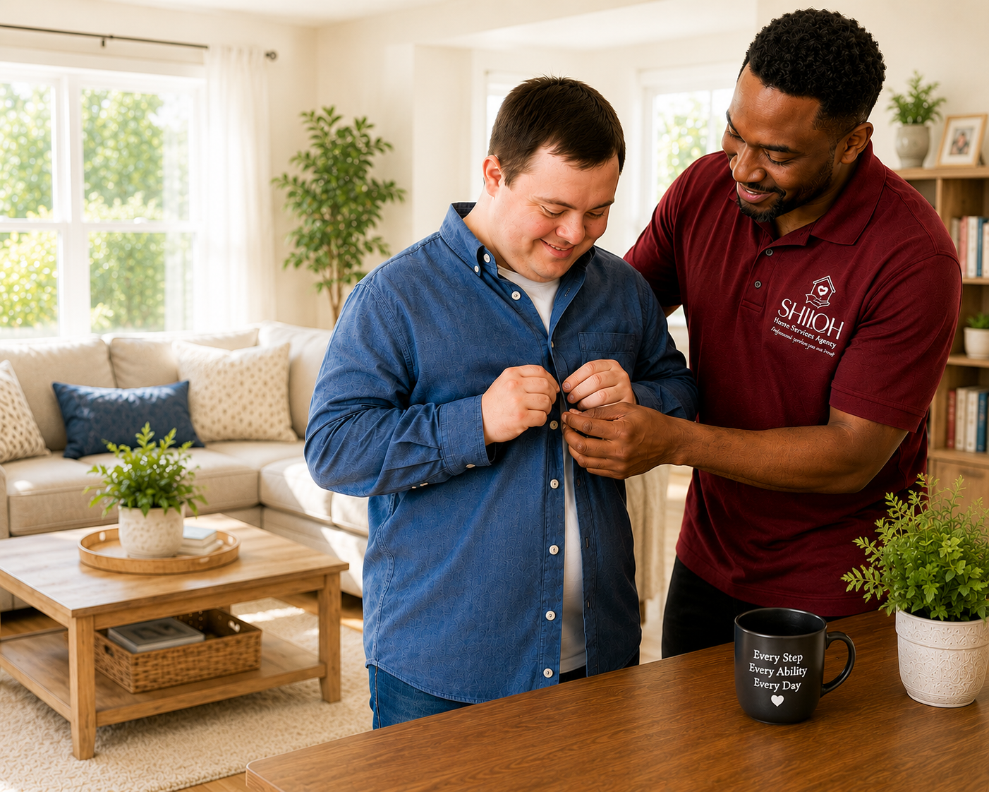 Two men button a denim shirt in a bright living room beside a sofa and coffee table.