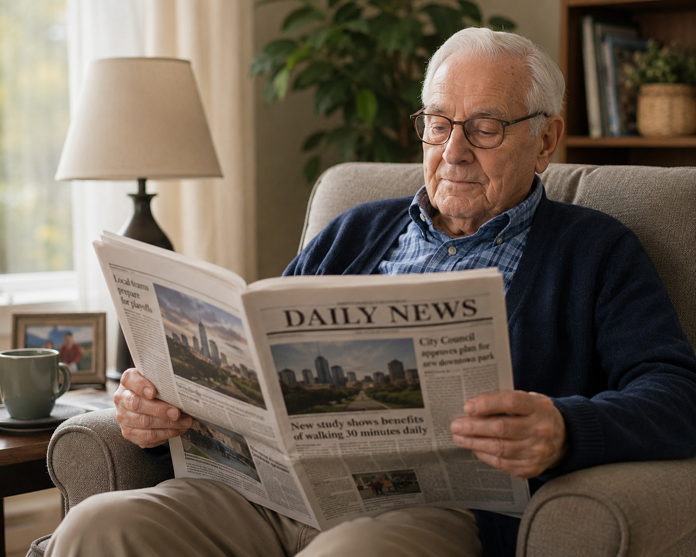 Patient reading newspaper to fid resources