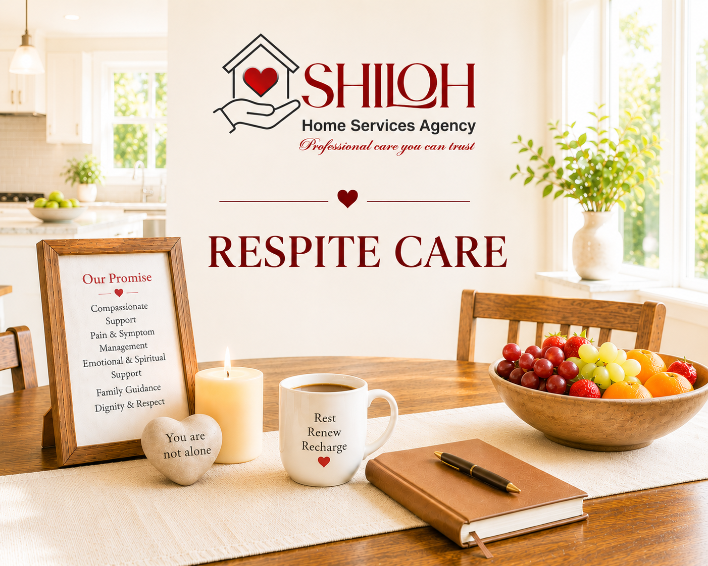 Shiloh Home Services Agency respite care ad with cozy kitchen table, fruit bowl, mugs, and notebook