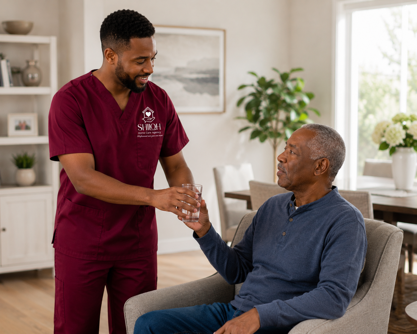 Caregiver in maroon scrubs shaking hands with a seated man in a bright living room.