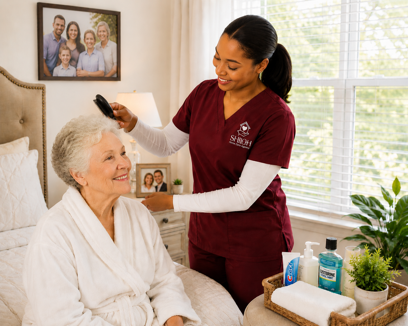 Caregiver in maroon scrubs brushing an elderly woman’s hair in a bright bedroom with toiletries nearby
