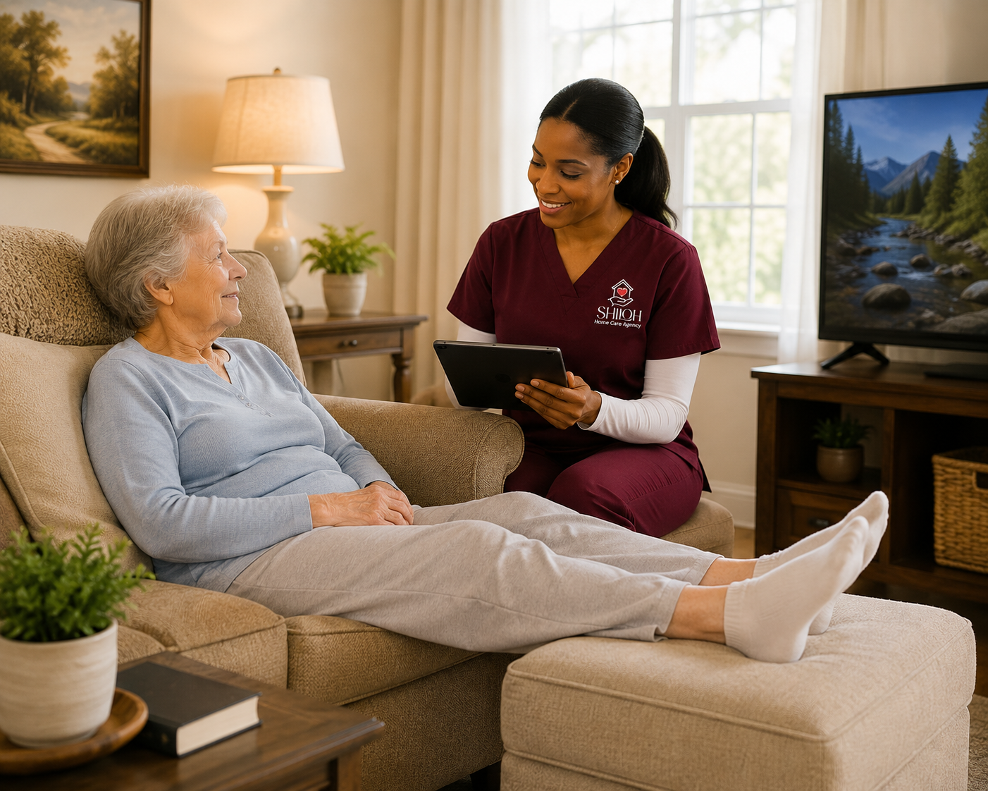 Caregiver in maroon scrubs smiles while showing a tablet to a seated resident in a cozy living room.