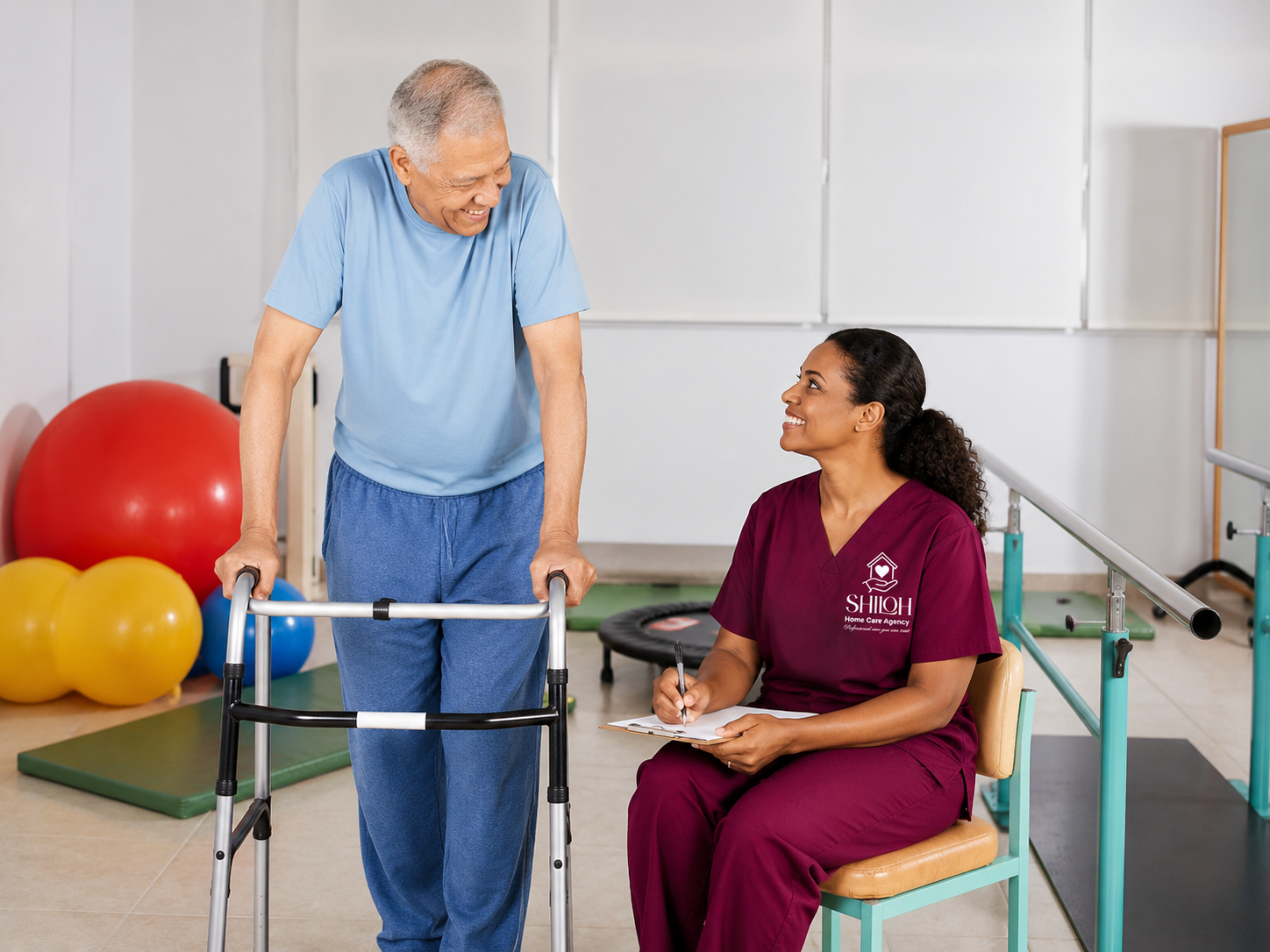 Therapist assisting a man with a walker in a rehabilitation room