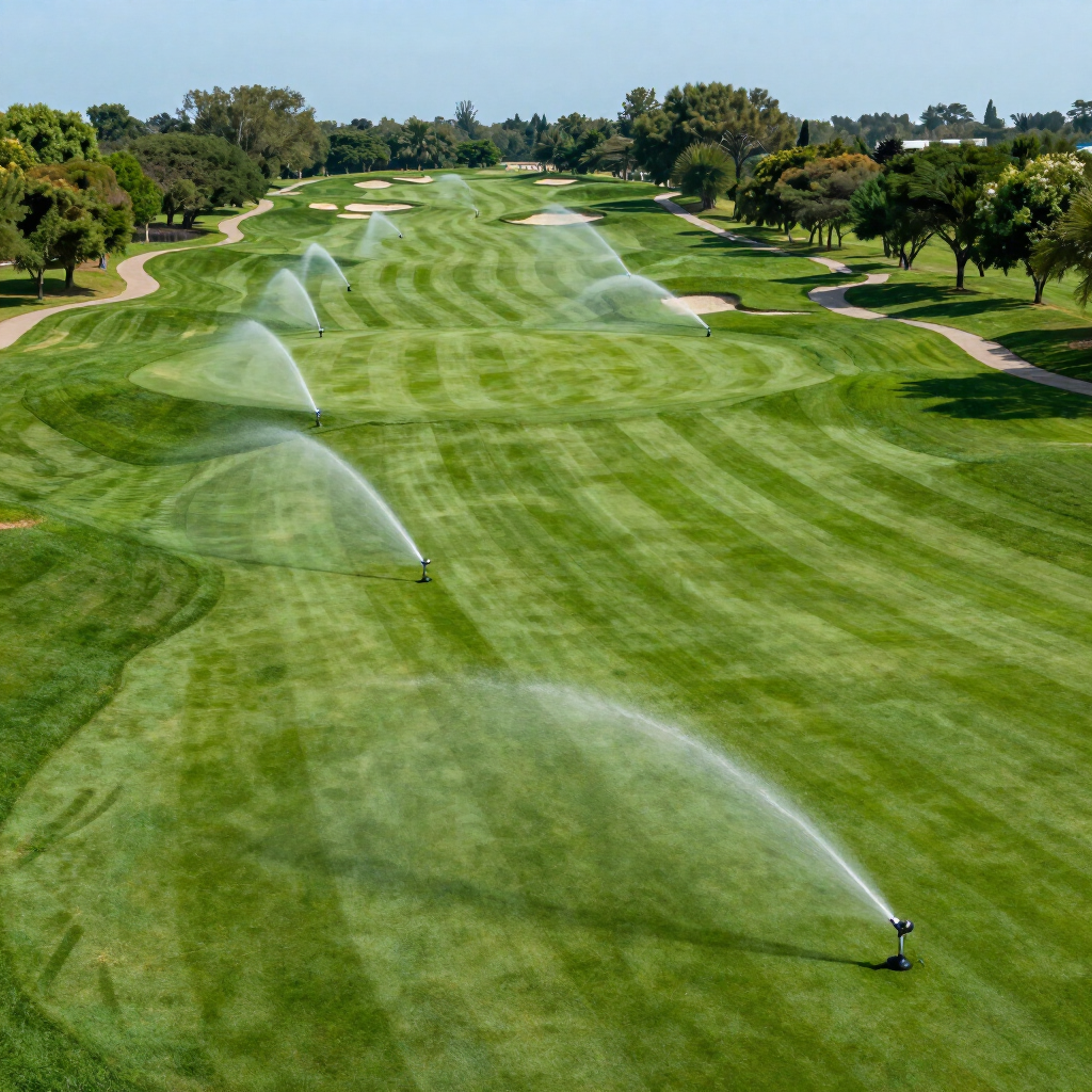 Golf course fairway with multiple sprinklers watering the grass under a clear sky