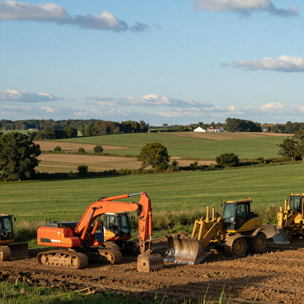 Orange excavator and yellow loader digging soil in a rural farm field under a blue sky.