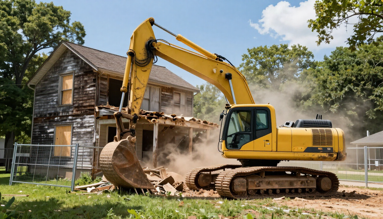 Professional home demolition services in Southern MD using heavy machinery to clear a residential site.