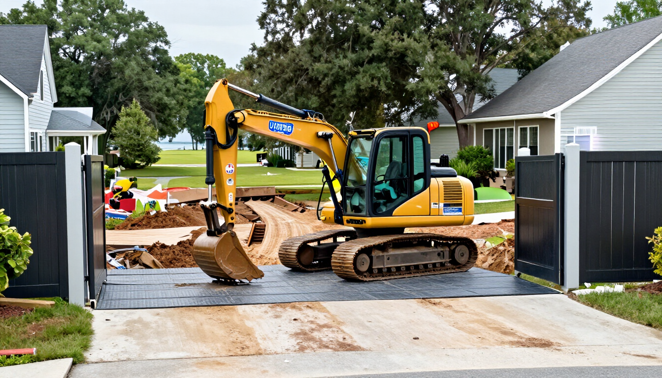 Compact excavator accessing a prepared residential work area