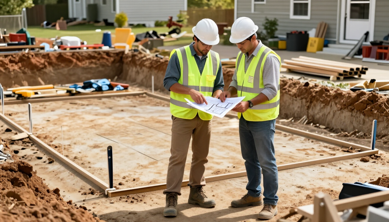 Contractor and homeowner reviewing an excavation plan at a Southern Maryland property