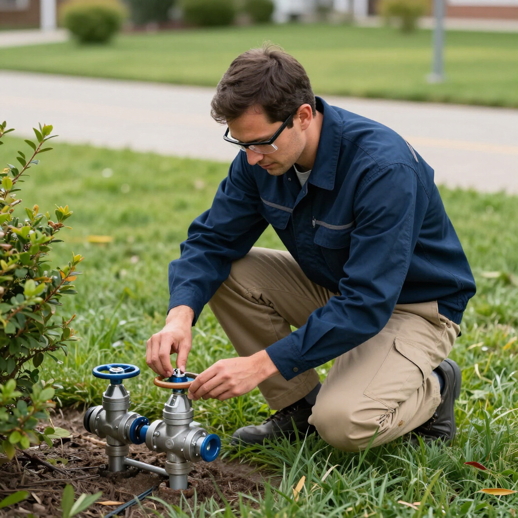 Person kneels by a lawn sprinkler valve, adjusting the blue handle in a grassy yard.