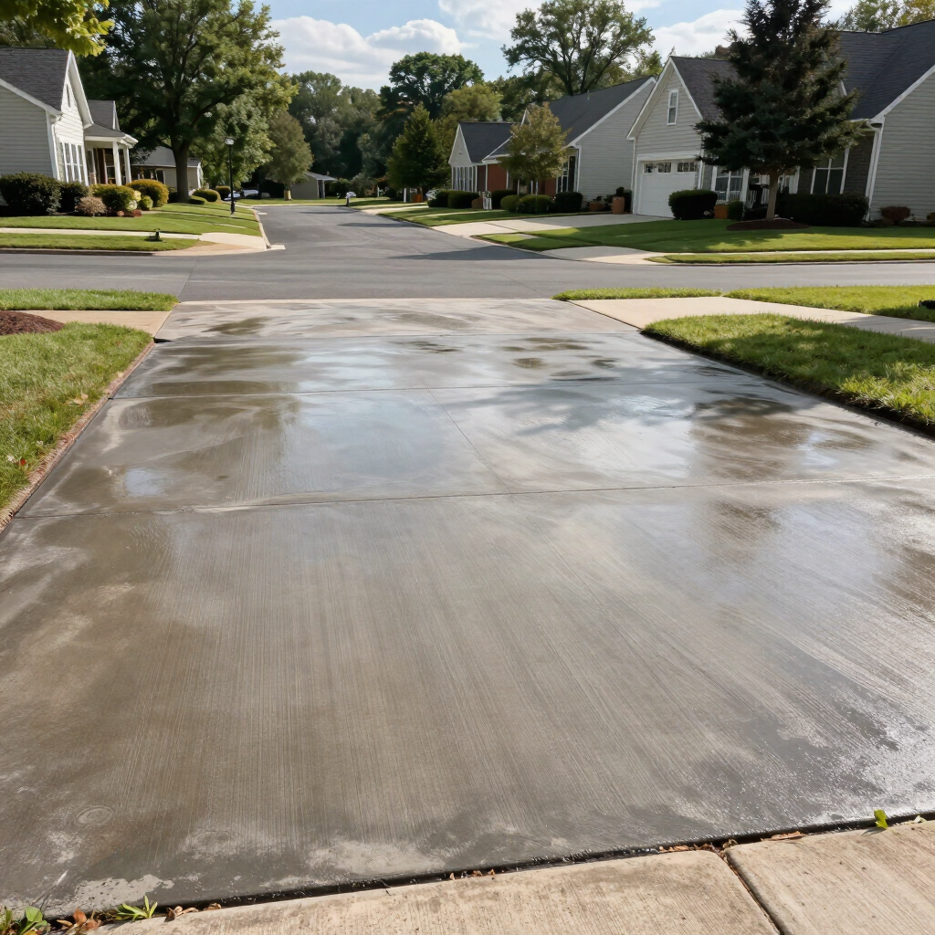 Wet concrete driveway on a quiet suburban street with houses and trees in the background