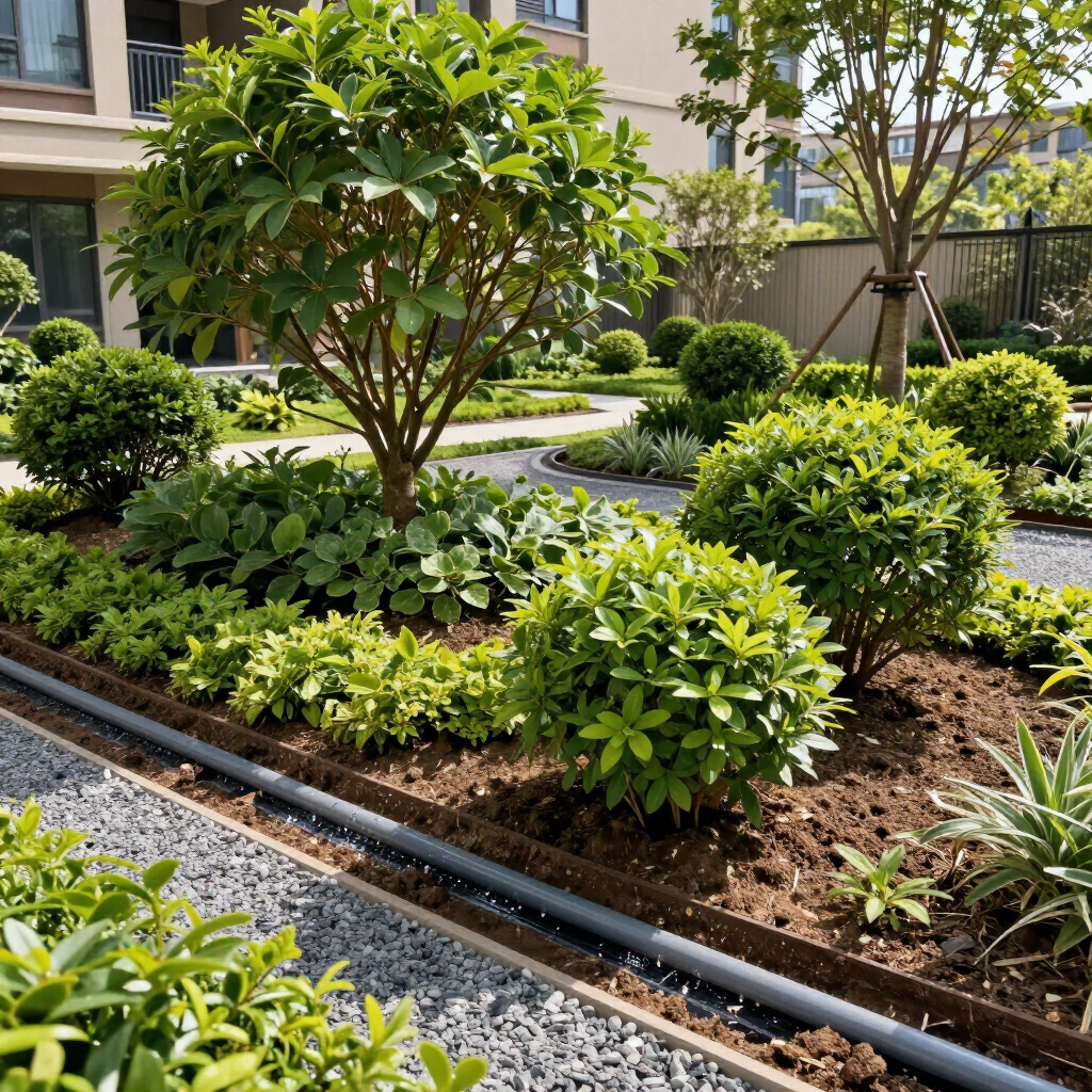 Landscaped courtyard with trimmed shrubs, a small tree, and gravel-bordered planting beds near apartment buildings