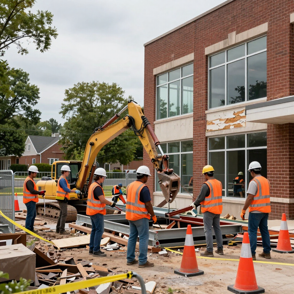Construction crew in orange vests working beside a brick building with an excavator and traffic cones