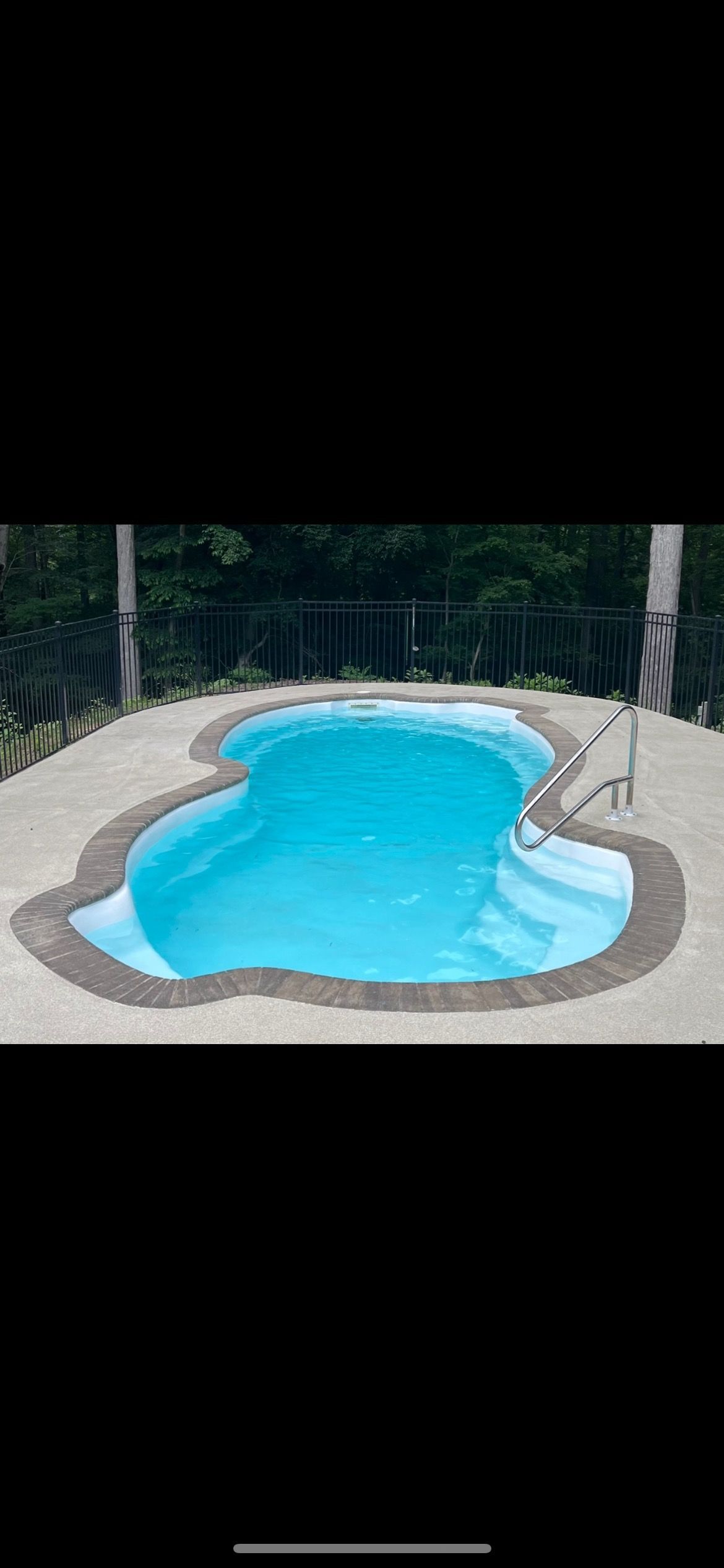 A kidney-shaped swimming pool with bright blue water and beige stone coping, surrounded by greenery.