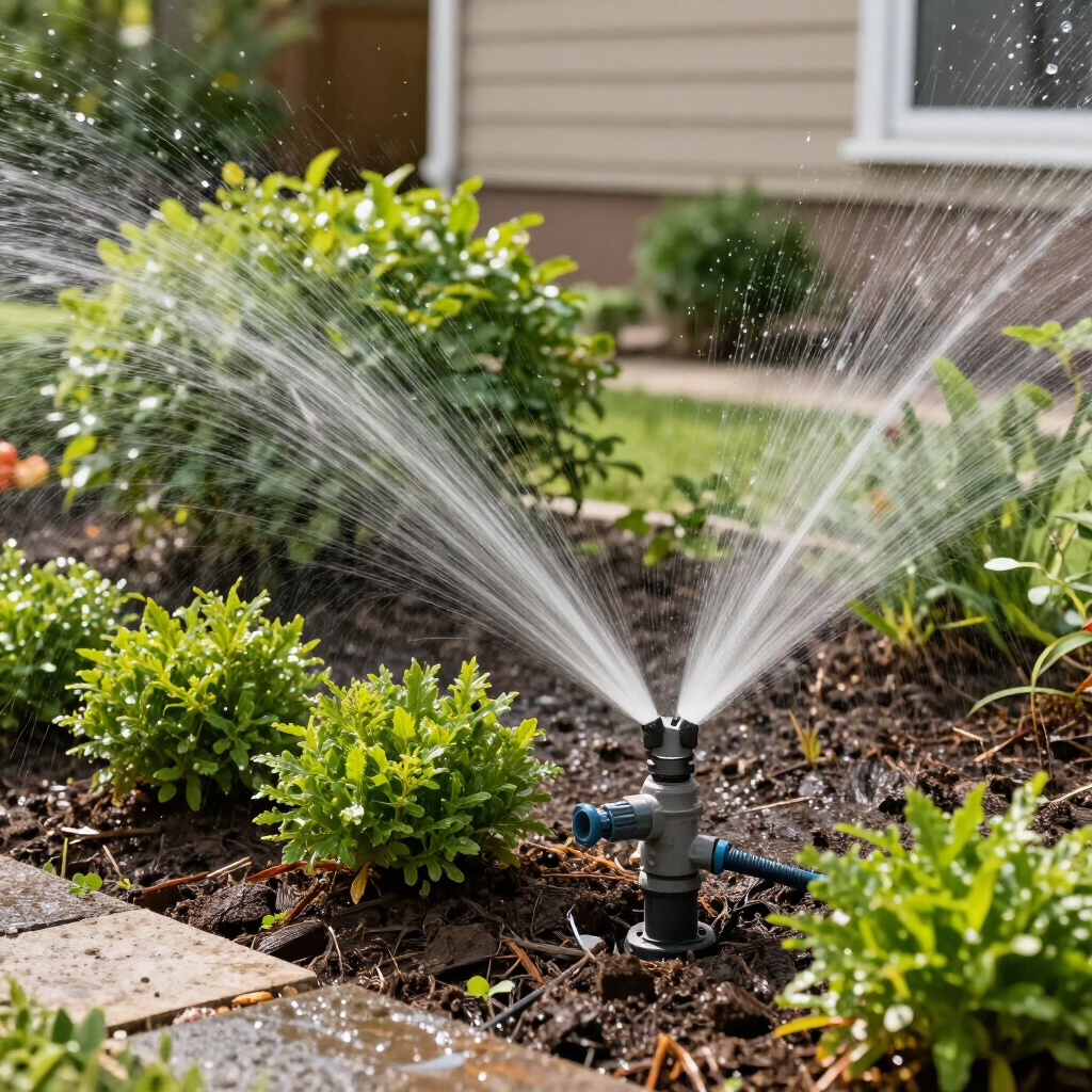 Rotary sprinkler watering a garden bed beside a house, spraying water over green shrubs.