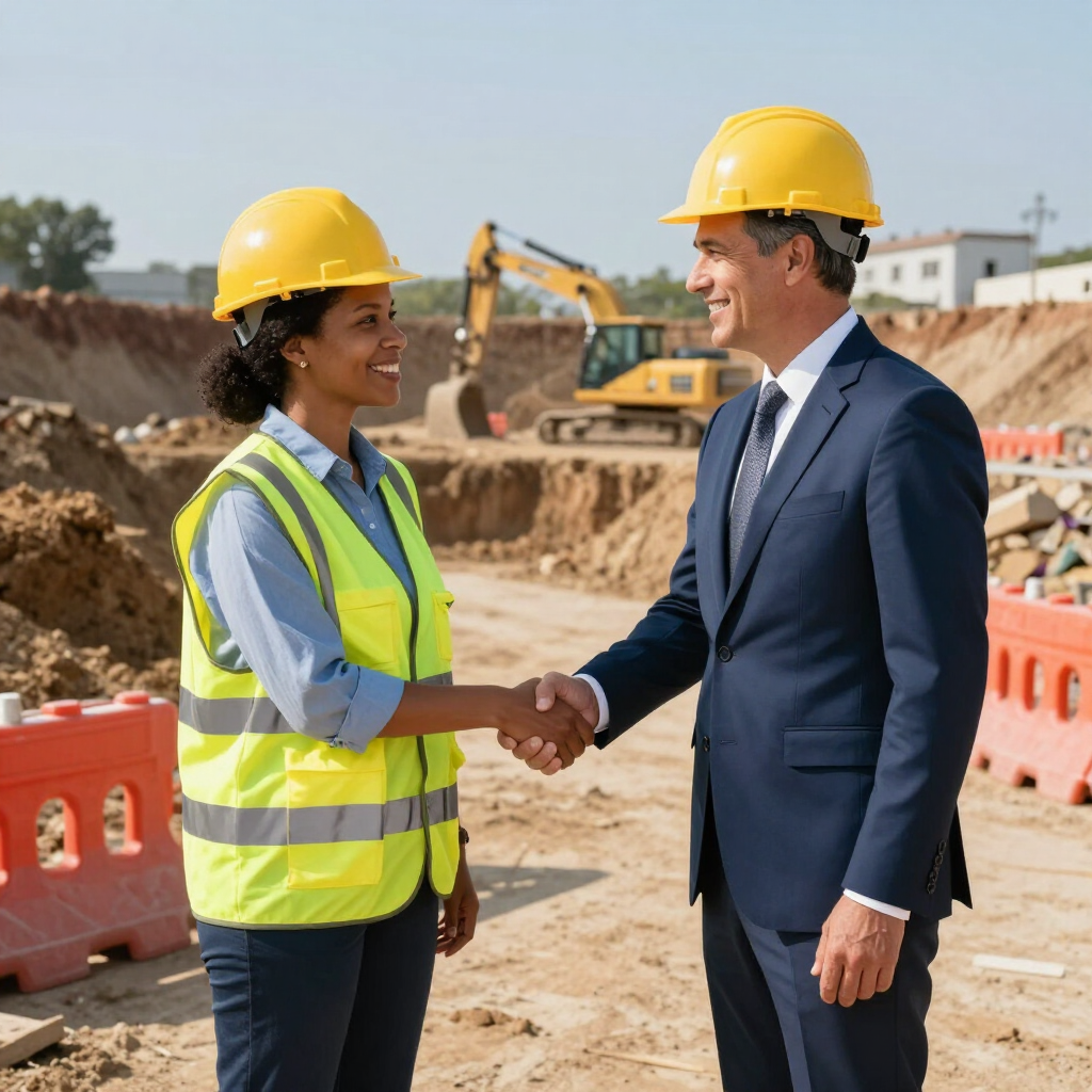 Construction workers in hard hats shaking hands at a building site, with excavators in the background.