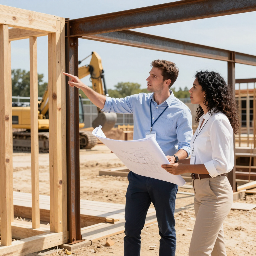 Two people review blueprints at a construction site with a wooden frame and steel beams.