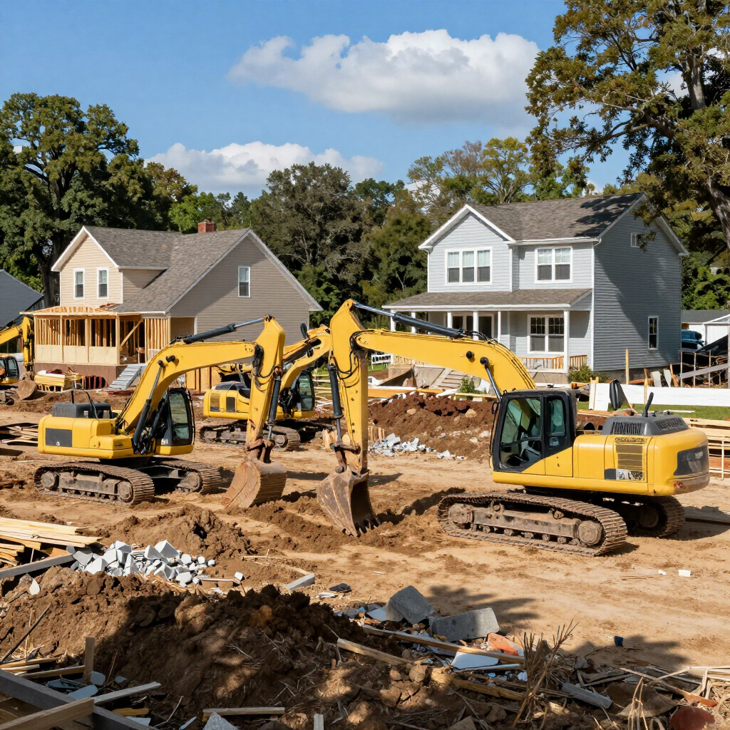 Construction site with yellow excavators clearing dirt in front of new houses under a blue sky