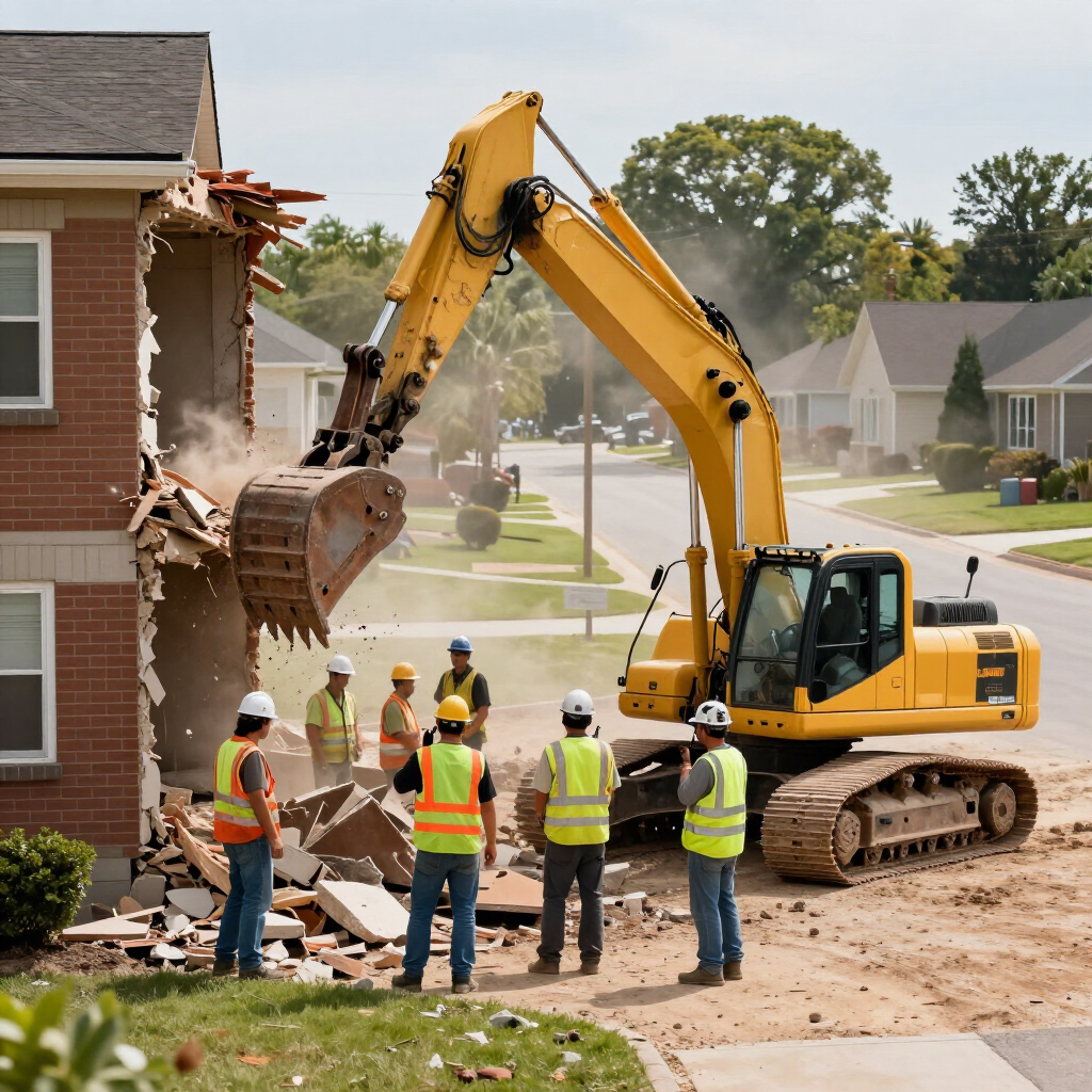Yellow excavator demolishing a brick house while workers in safety vests watch