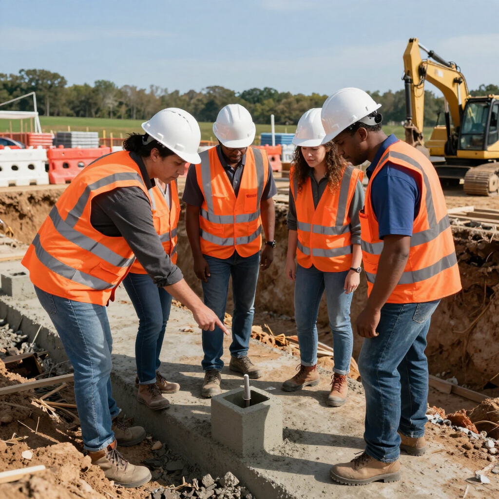 Construction workers in orange vests and hard hats inspecting concrete footing at a job site