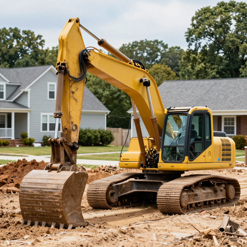 Yellow excavator on a dirt lot in a suburban neighborhood, bucket lowered near a pile of soil.