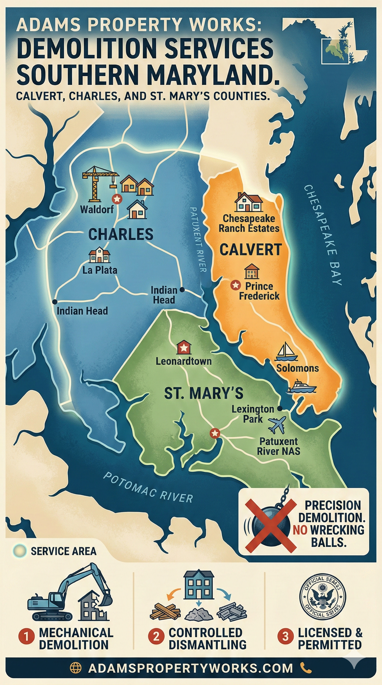 Map of Southern Maryland counties served by Adams Property Works for demolition services, including service details.