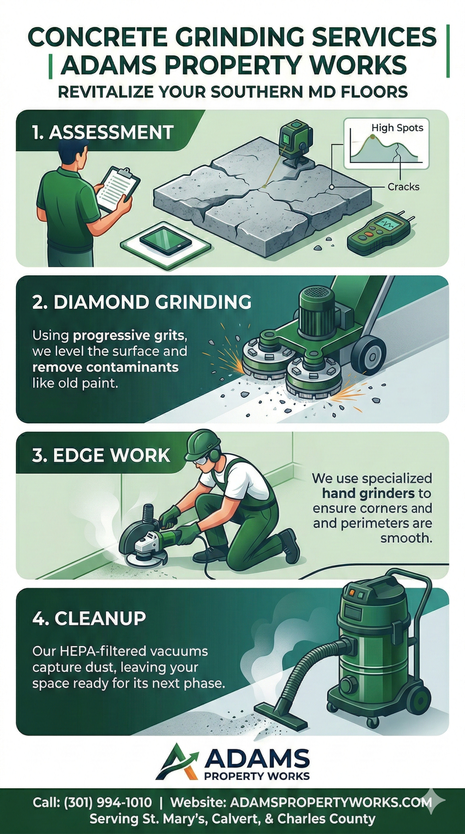 Infographic from Adams Property Works detailing a four-step concrete grinding process, from assessment to final cleanup.