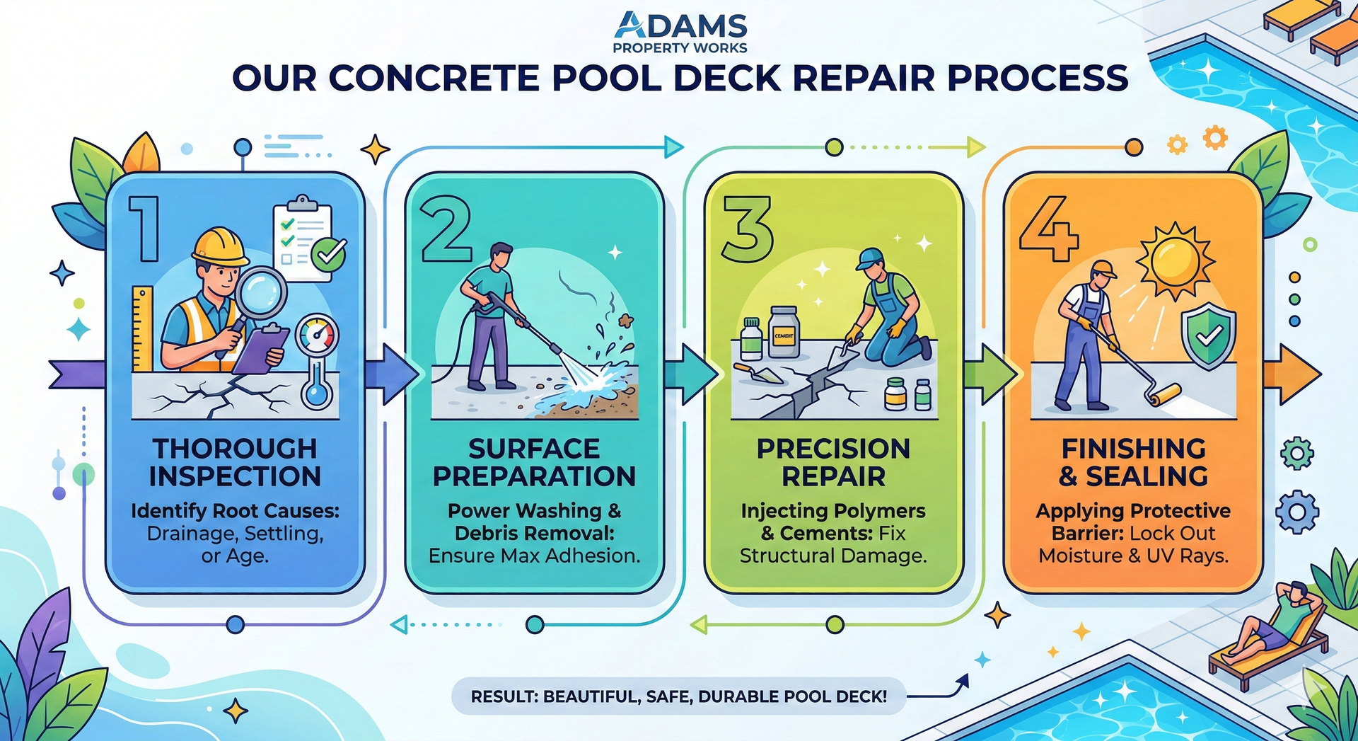 A four-step infographic showing the concrete pool deck repair process: inspection, cleaning, repair, and sealing.