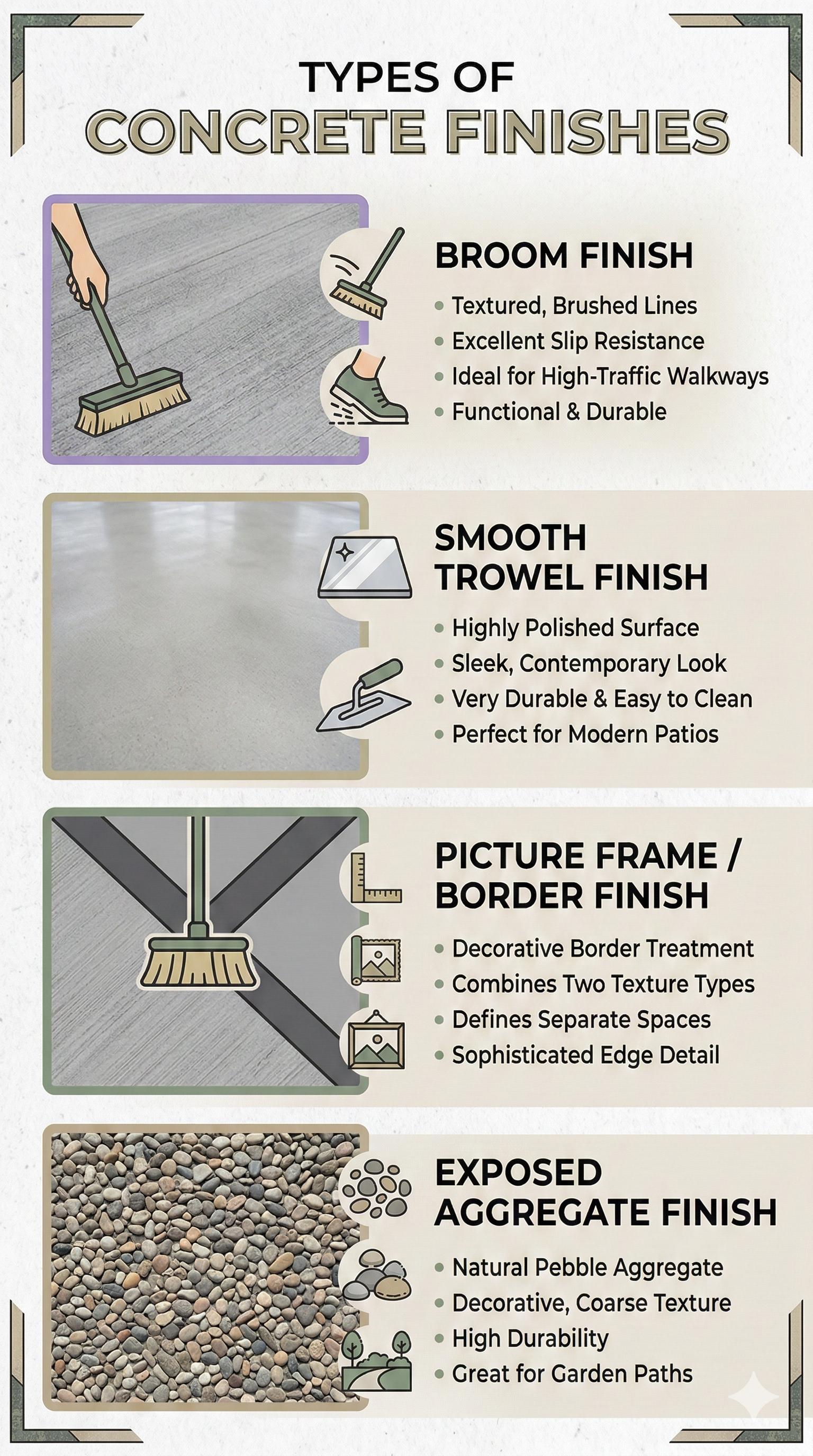Concrete infographic with four types of concrete finishes: broom, smooth trowel, picture frame border, and exposed aggregate.
