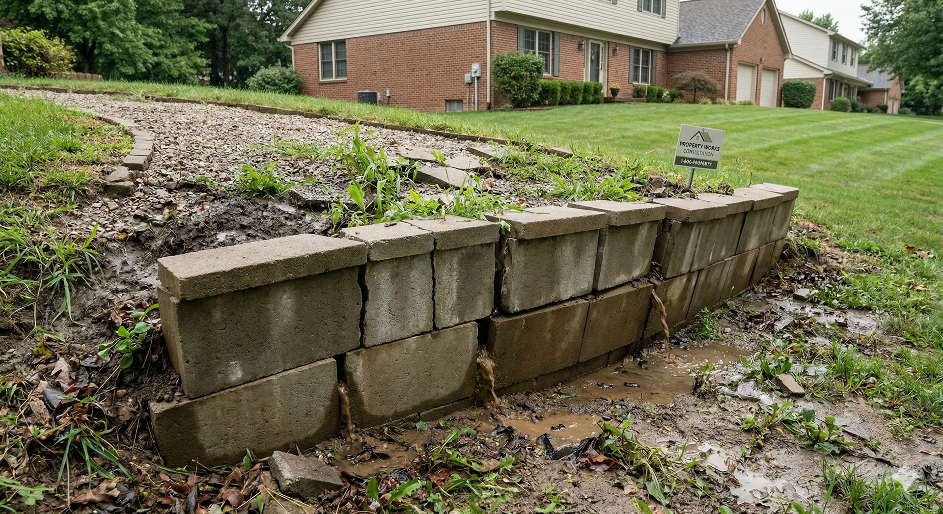 A small, failing concrete block retaining wall sits on a muddy, water-saturated lawn in front of a brick suburban house.