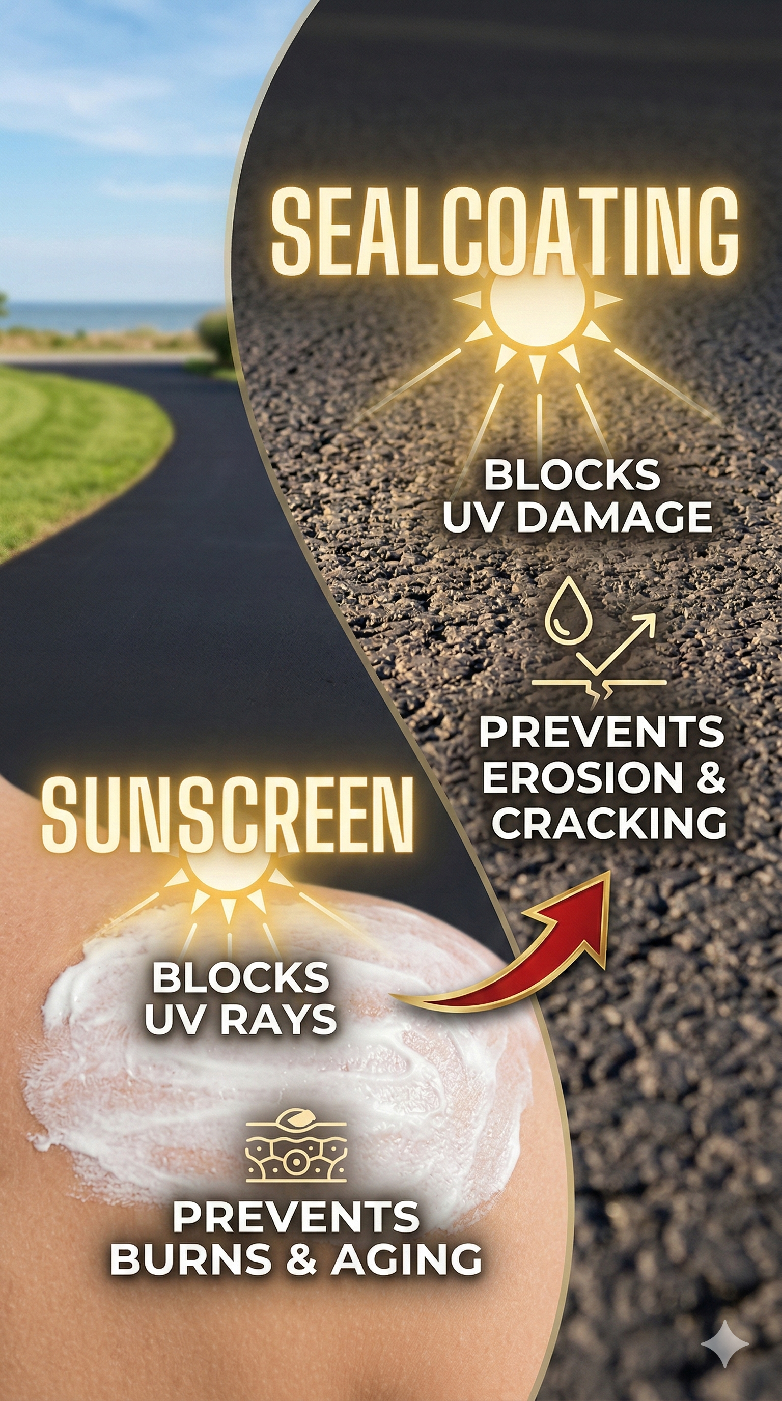 A comparison showing how sealcoating protects asphalt from UV rays and erosion, much like sunscreen protects human skin.
