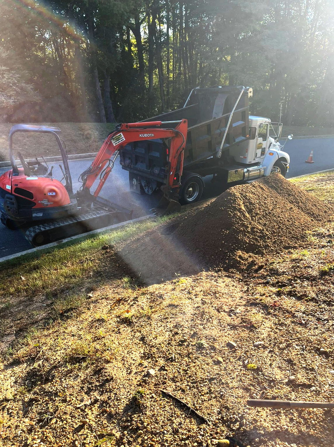 An orange mini-excavator loading wood chips into a white dump truck on a sunny day in Southern MD.