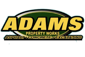 Logo for Adams Property Works in yellow and green text, listing Asphalt, Concrete, and Excavating services.