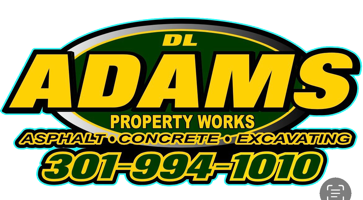 Logo for DL Adams Property Works with contact number 301-994-1010, specializing in asphalt, concrete, and excavating.