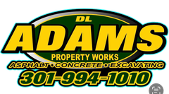 Logo for DL Adams Property Works in yellow and green, featuring services: Asphalt, Concrete, Excavating, 301-994-1010.