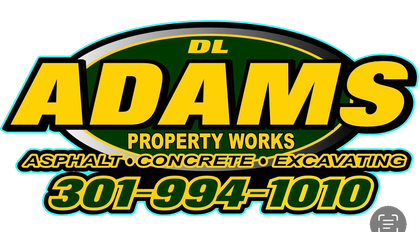 Logo for DL Adams Property Works with contact number 301-994-1010, specializing in asphalt, concrete, and excavating.