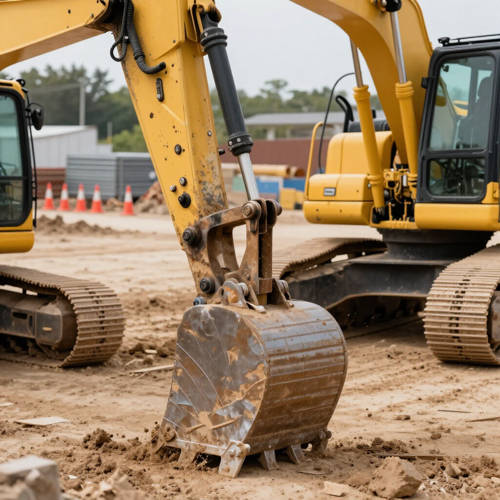 Yellow excavator bucket digging in a sandy construction site with tracked machinery nearby