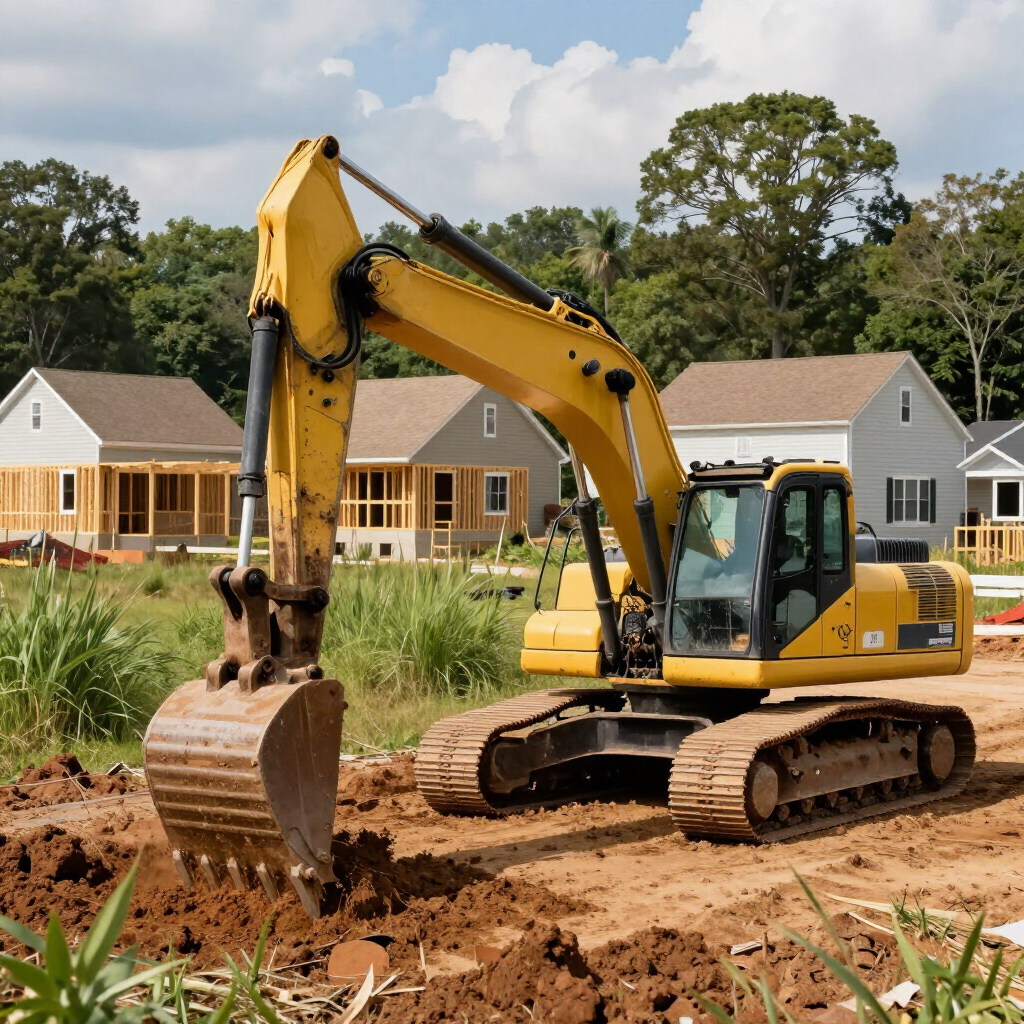 Yellow excavator digging dirt at a construction site with houses in the background